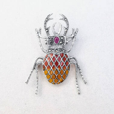 Broszka srebrna witrażowa - chrząszcz
