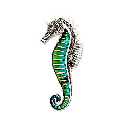 Broszka konik morski z zielonym witrażem