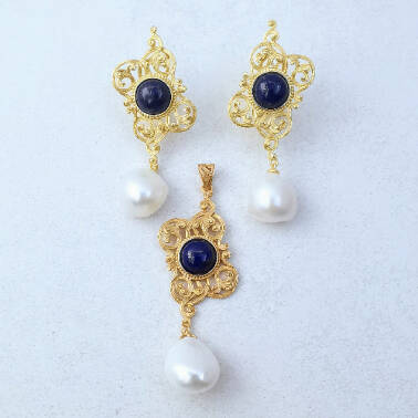 Pozłacany komplet z perłą i lapis lazuli