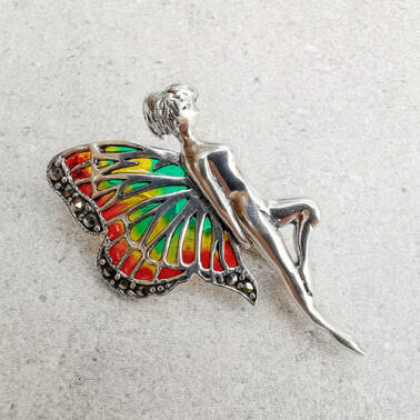 Broszka srebrna - elf z kolorowymi skrzydłami